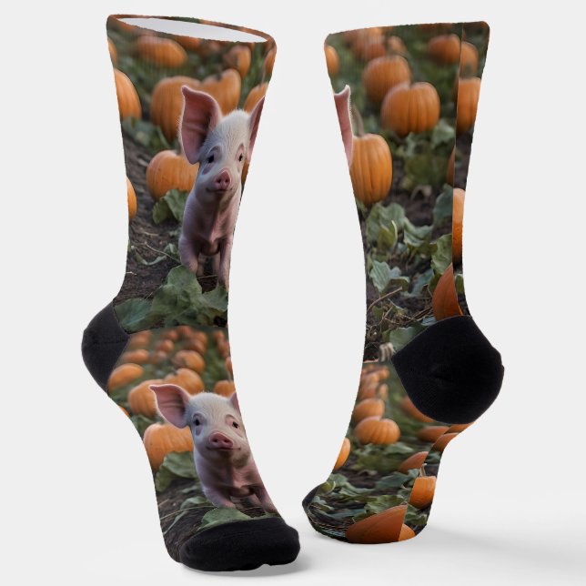 **"Patch of Joy: A Happy Baby Pig Among Pumpkins"* Socks (Angled)