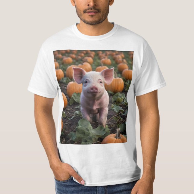 **"Patch of Joy: A Happy Baby Pig Among Pumpkins"* T-Shirt (Front)