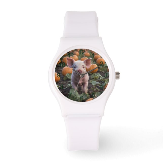 **"Patch of Joy: A Happy Baby Pig Among Pumpkins"* Watch (Front)