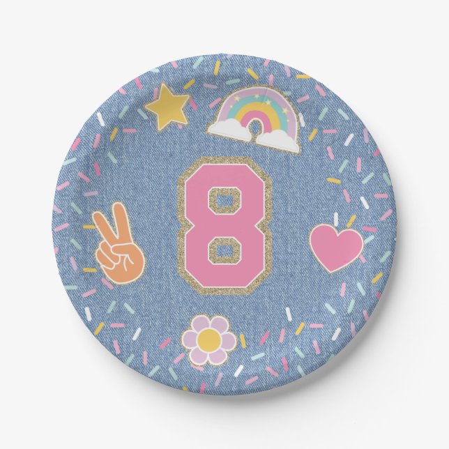 Patch Preppy Denim Jean Jacket 8th Birthday Paper Plate (Front)