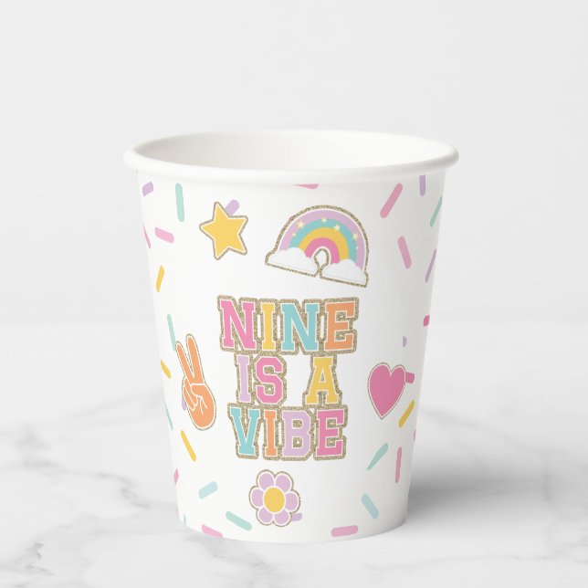 Patch Preppy Nine is a Vibe 9th Birthday Paper Cups (Front)