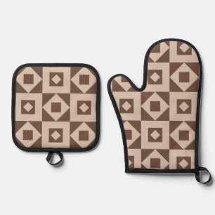Patch Warm Brown Cream Silver Quilted Oven Mitt & Pot Holder Set