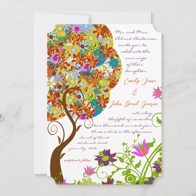 Patch Work Flower Love Tree Wedding Invitation (Front)