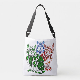 Patches, stripes and bobbles, Folk art Cats, quilt Crossbody Bag