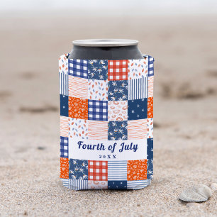 Patchwork 4th of July Red White Blue Can Cooler
