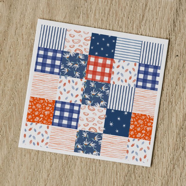 Patchwork 4th of July Red White Blue Napkin (Red, white, and blue patchwork Fourth of July party paper napkins.)