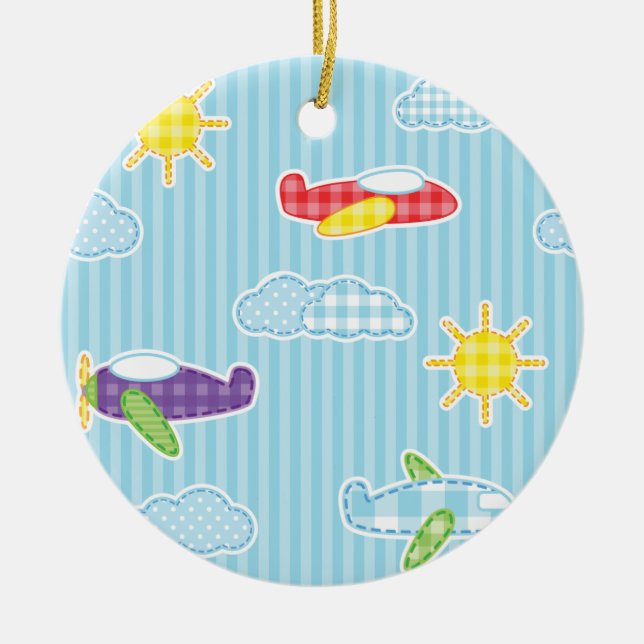 Patchwork Aeroplanes Ceramic Tree Decoration (Front)