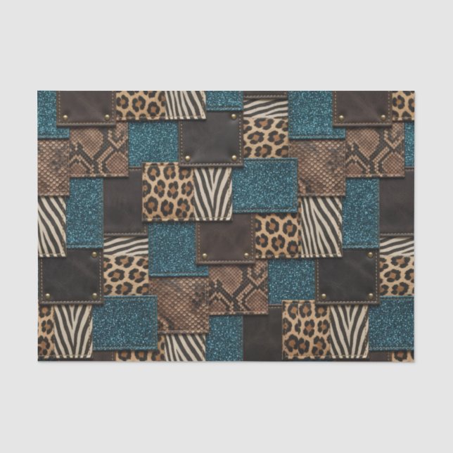 Patchwork African Animal Print | Brown & Teal Tissue Paper (Front)