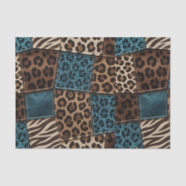 Patchwork African Animal Print | Brown & Teal Tissue Paper (Front)