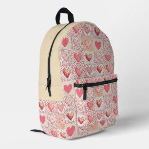 Patchwork And Stripe Heart Pattern Printed Backpack