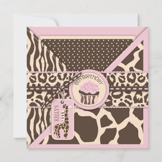 Patchwork Animal Print Cupcake Sixth Birthday Invitation (Front)