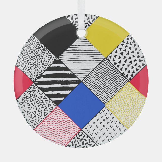 Patchwork background: birds, polka dots. glass tree decoration (Front)