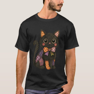 Patchwork Black Cat Autumn Cosy Season Patch Cute T-Shirt