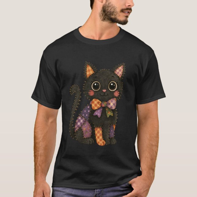 Patchwork Black Cat Autumn Cosy Season Patch Cute  T-Shirt (Front)
