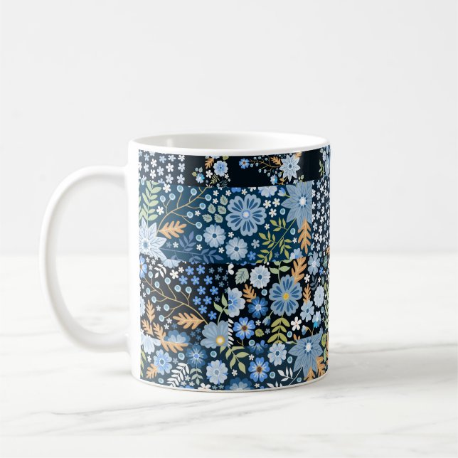 Patchwork Blue Flowers: Seamless Fabric. Coffee Mug (Left)