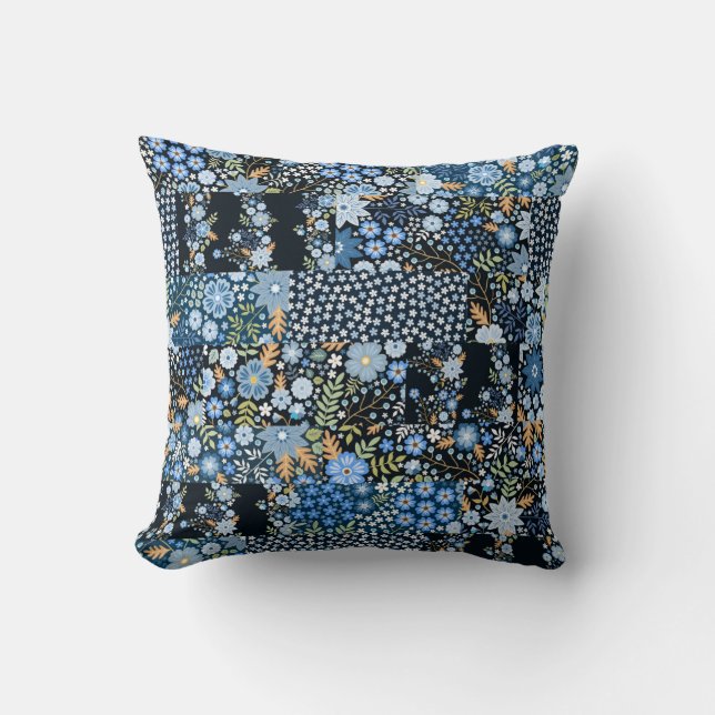 Patchwork Blue Flowers: Seamless Fabric. Cushion (Front)