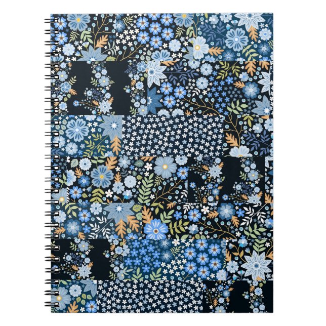 Patchwork Blue Flowers: Seamless Fabric. Notebook (Front)