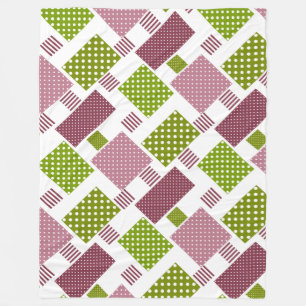Patchwork brown green polka dots white back fleece blanket