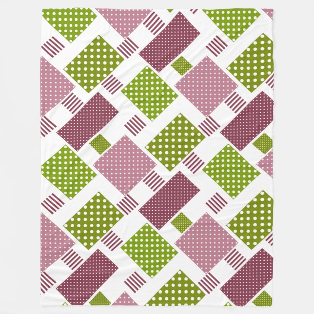 Patchwork brown green polka dots white back fleece blanket (Front)