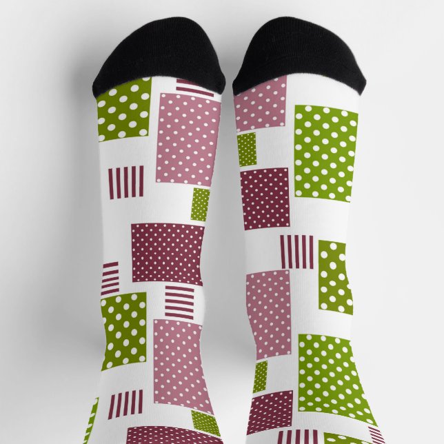 Patchwork brown green polka dots white back socks (Top)