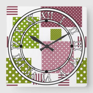 Patchwork brown green polka dots white back square wall clock