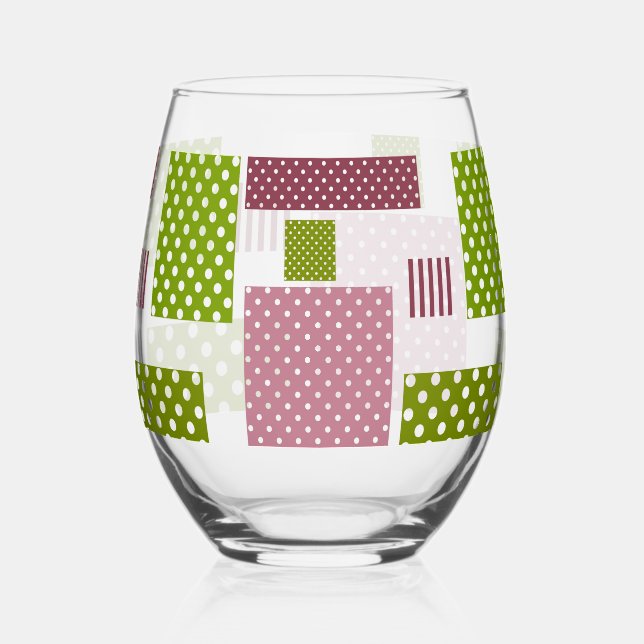 Patchwork brown green polka dots white back stemless wine glass (Front)