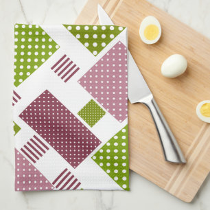 Patchwork brown green polka dots white back tea towel