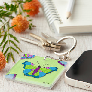 Patchwork Butterfly Pattern on Green Key Ring