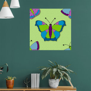 Patchwork Butterfly Pattern on Green Poster