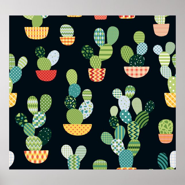 Patchwork Cactus Plants Seamless Pattern Poster (Front)