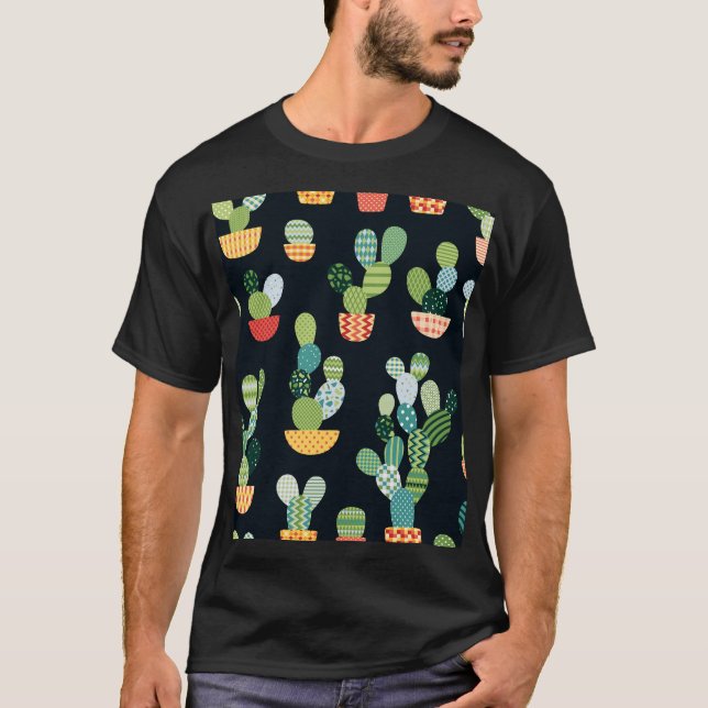 Patchwork Cactus Plants Seamless Pattern T-Shirt (Front)