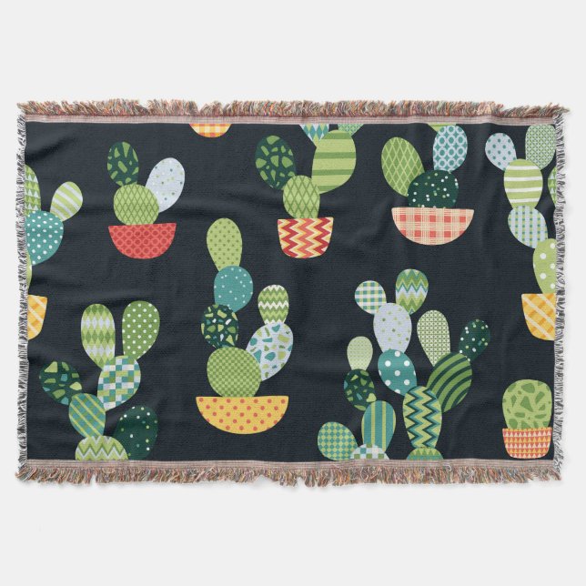 Patchwork Cactus Plants Seamless Pattern Throw Blanket (Front)