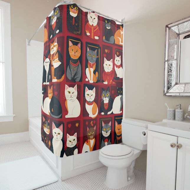 patchwork cats AI art shower curtain (In Situ)