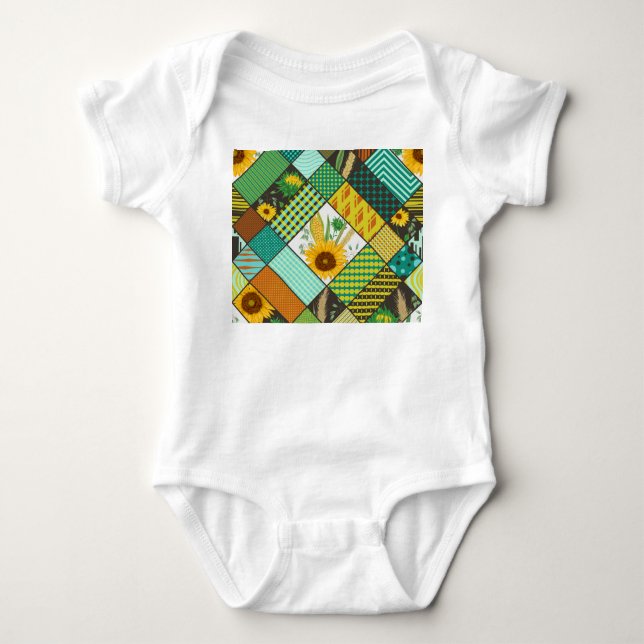 Patchwork cereals, sunflowers, geometric pattern. baby bodysuit (Front)