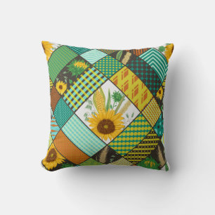 Patchwork cereals, sunflowers, geometric pattern. cushion