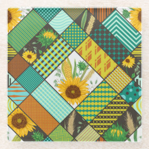 Patchwork cereals, sunflowers, geometric pattern. glass coaster