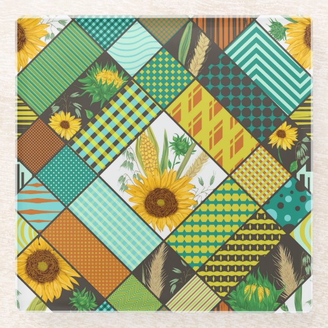 Patchwork cereals, sunflowers, geometric pattern. glass coaster (Front)