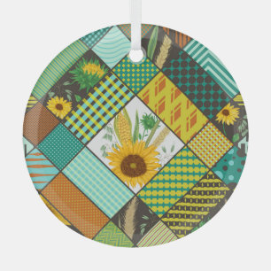 Patchwork cereals, sunflowers, geometric pattern. glass tree decoration