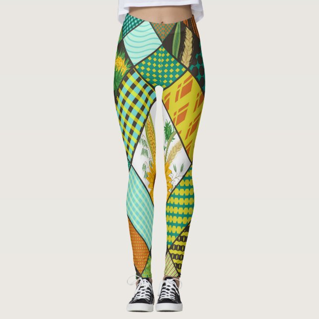 Patchwork cereals, sunflowers, geometric pattern. leggings (Front)