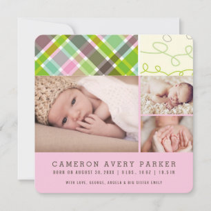 Patchwork Checks Baby Girl Birth Announcement Card