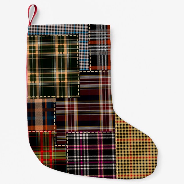 patchwork chercks pattern, tartan design, surface  small christmas stocking (Front)