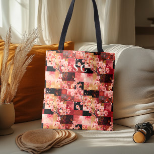 Patchwork Cherry Blossom and Fabric-Inspired  Tote Bag