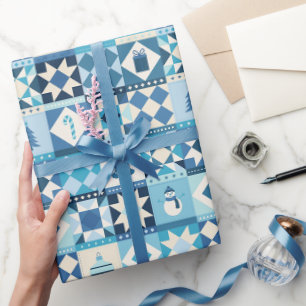 Patchwork Christmas Blue Holiday Wrapping Paper