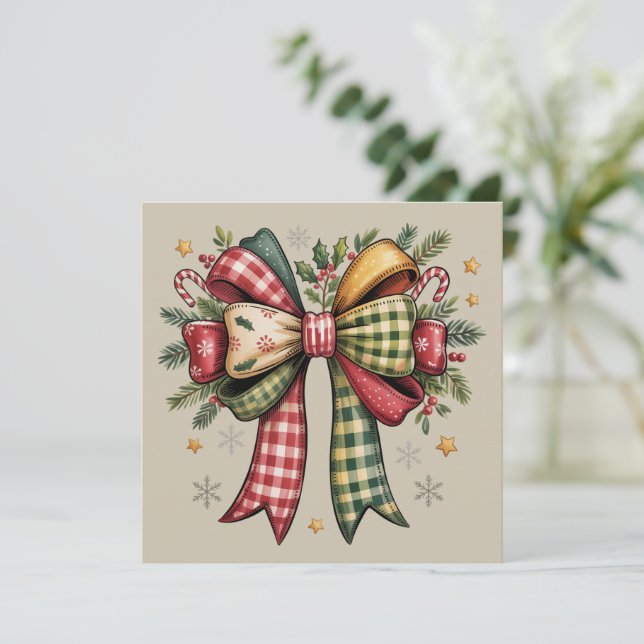 Patchwork Christmas Bow Cosy Rustic Holiday Card (Standing Front)