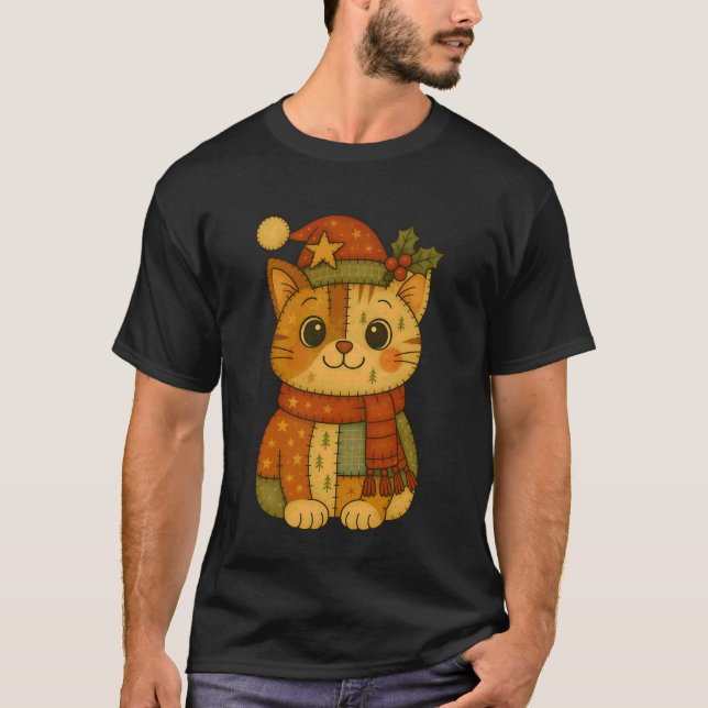Patchwork Christmas Cat Wearing Santa Hat Winter H T-Shirt (Front)