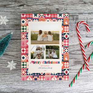 Patchwork Christmas Multicolored Three Photo Holiday Card