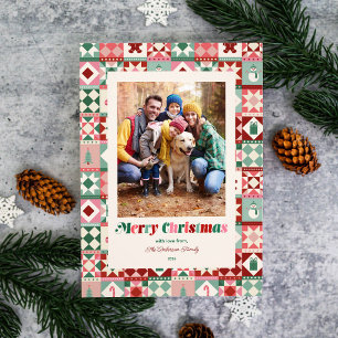Patchwork Christmas Pink Red Green Photo Holiday Card