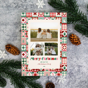 Patchwork Christmas Pink Red Green Three Photo Holiday Card