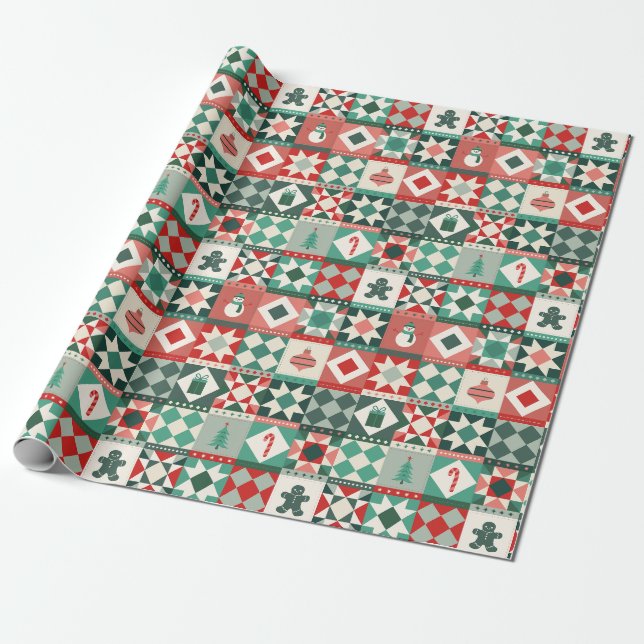 Patchwork Christmas Red and Green Wrapping Paper (Unrolled)