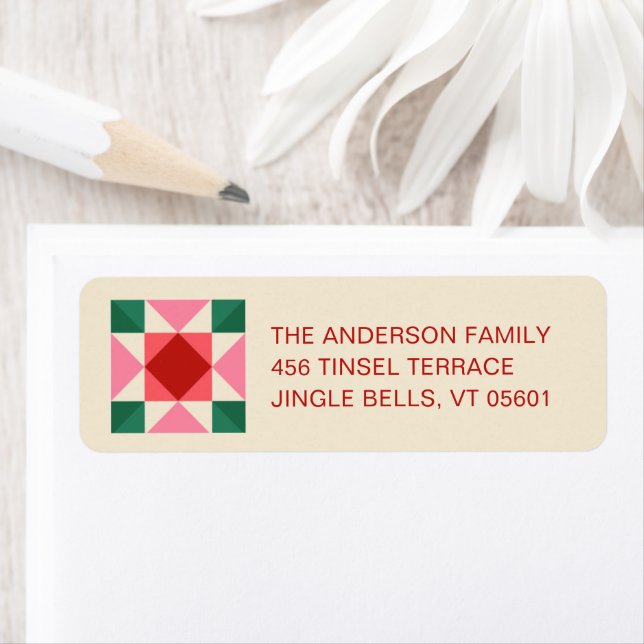 Patchwork Christmas Red Pink Green Return Address (Insitu)
